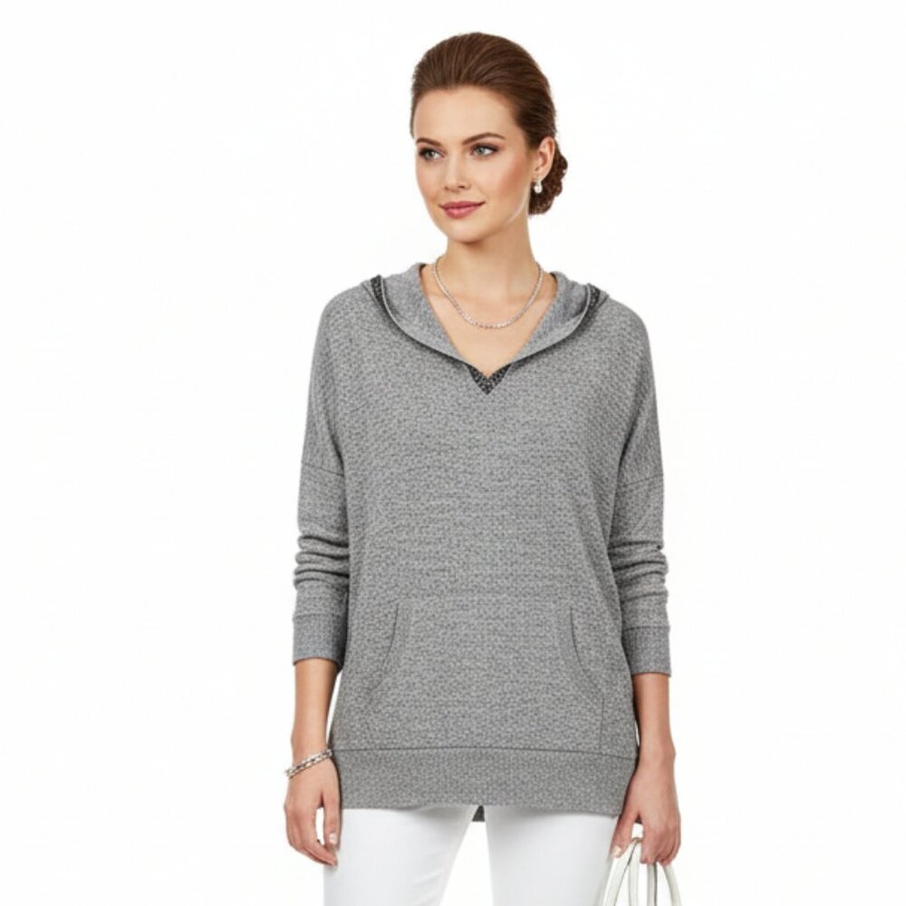 Juicy Couture Gray Embellished V Neck Long Sleeve Hoody Sweater Top XL